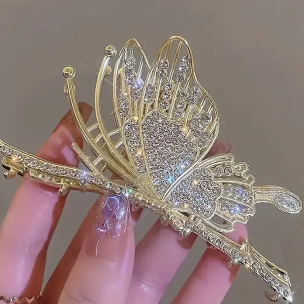 Metal Gold Butterfly Hair Claw Elegant Rhinestone Sparkly Everyday Accessory - Picture 5 of 7